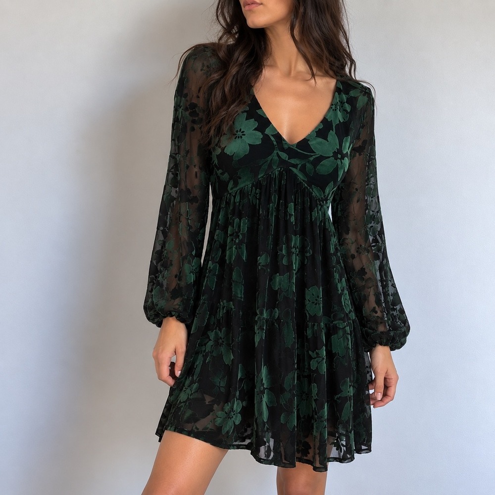 Taylor Emerald Green Floral Burnout Velvet Mini Dress Whimsigoth Witchy